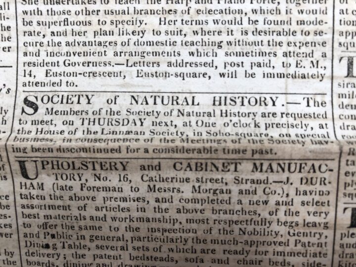 The final meeting of the SPNH was advertised in The Morning Herald on 28th May 1822 (SPNH/7, The Linnean Society of London)