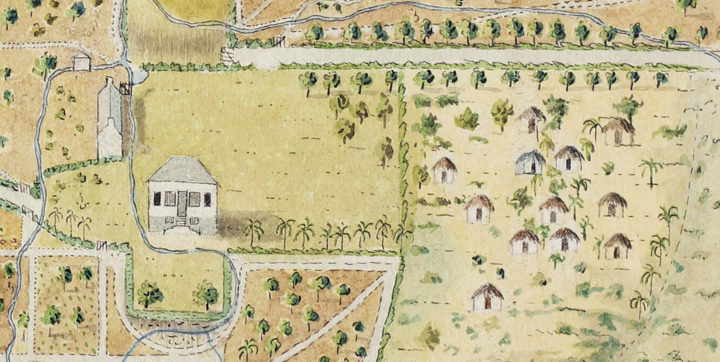 Detail of the map of St Vincent Botanical Garden, showing the huts of enslaved people, c. 1800