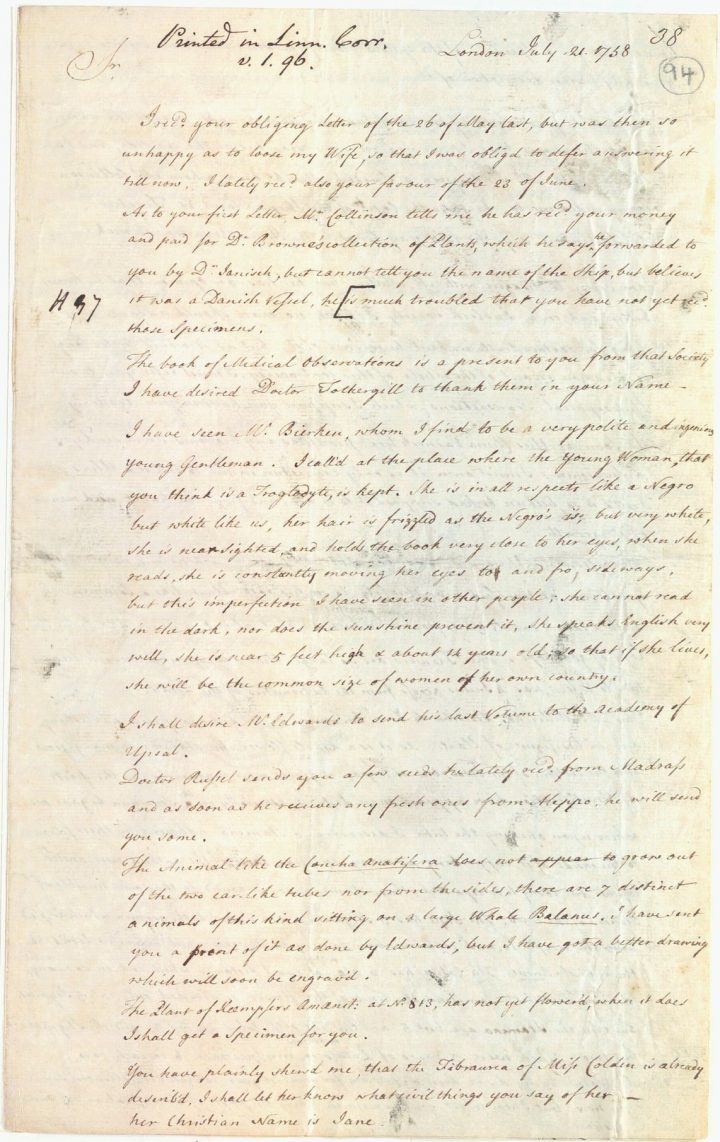 Ellis to Linnaeus, 21 July 1758