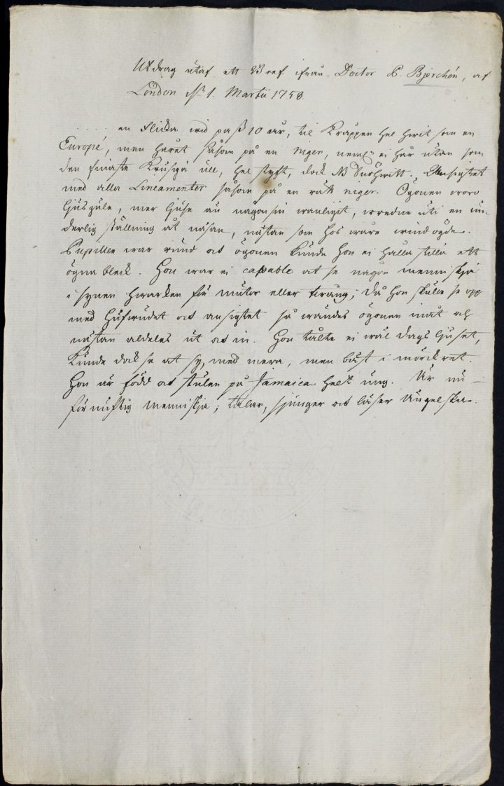 Solander copy of af Bjerken letter to Linnaeus