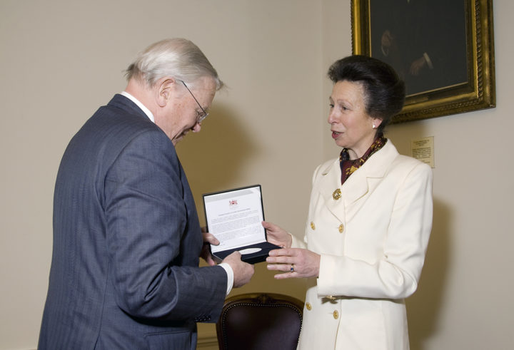 HRH The Princess Royal in 2007, presenting a Tercentenary Medal to Sir David Attenborough FLS