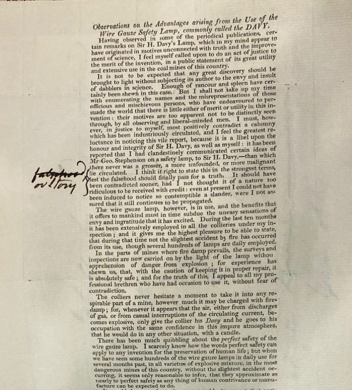 An extract from John Buddle’s paper about the advantages of using the Wire Gauze Safety Lamp, commonly called the DAVY, which he sent to Winch