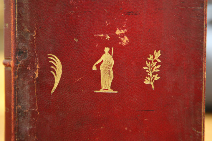 Gilt-stamped decoration on the cover of Toland's 'Life of Milton'. The figure of Liberty holds the pileus cap, flanked by branches of the palm and olive trees