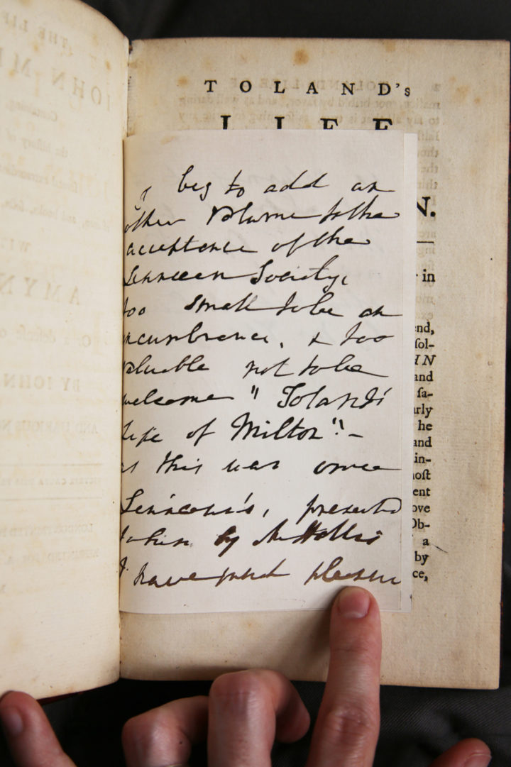 Lady Pleasance Smith's cover note, tipped in before the title page of Toland's 'Life of Milton'. It's clear the Hollis volumes were only reunited with the rest of Linnaeus' library sometime after their original sale.