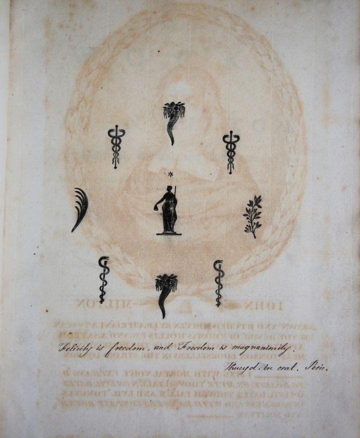 Frontispiece from Hollis' presentation 'Works of Milton'. Liberty stands surrounded by symbols of peace, wisdom, and abundance. The ghostly image of Milton is actually an inadvertent offset print from a portrait of the great poet pasted by Hollis on the facing page.
