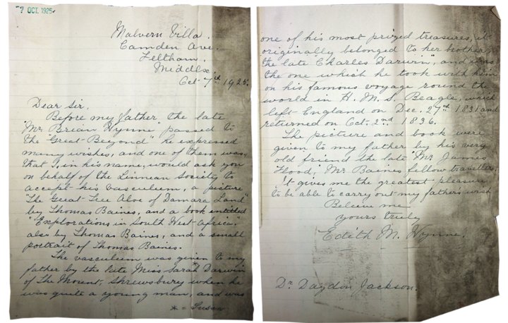 Edith M Wynne Letter - Darwin Vasculum gift