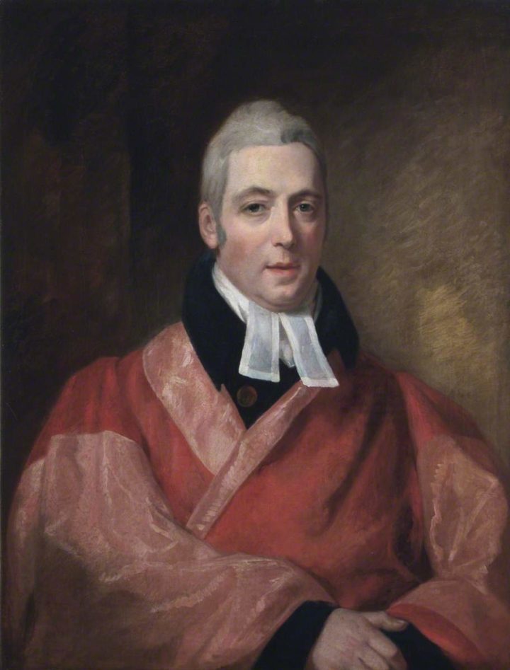Painting of a man wearing a white shirt, black coat and red overcoat
