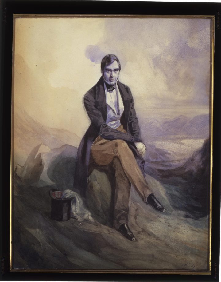 Painting of a man sitting on a rock in formal attire. A top hat is sitting on the ground next to him with some white material coming out of it.
