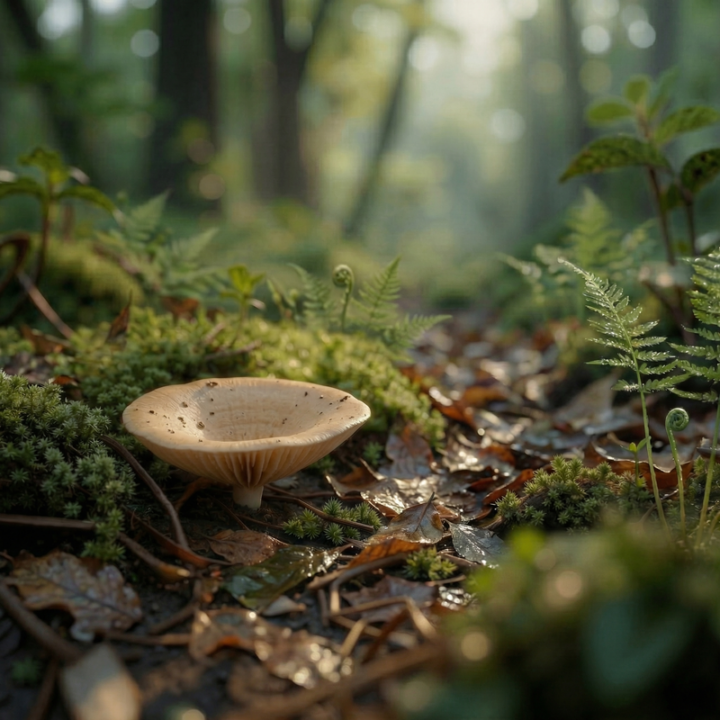 AI reconstruction of the fossil mushroom, showing it growing in undergrowth of an ancient Cretaceous fossil.