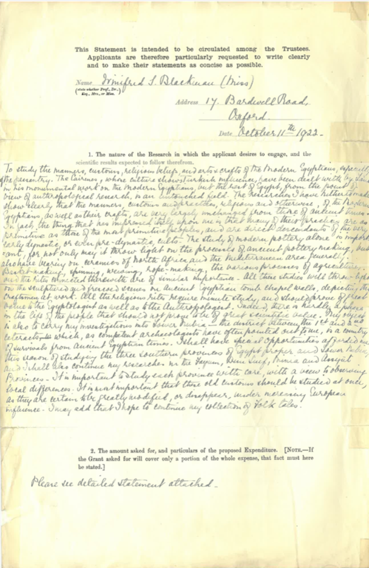 Winifred Blackman's first application to the Percy Sladen Memorial Fund in 1922. PSMF/4/2/1/26.
