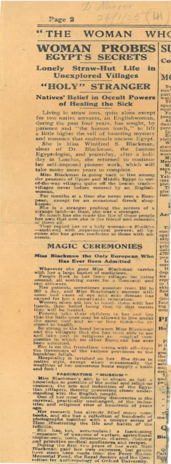 article from The Daily Mirror on Blackman's methods and research in Egypt, 1925