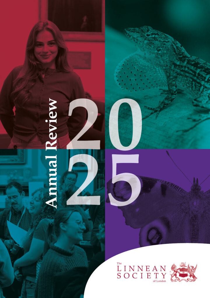 Annual Review cover with a mosaic of images of a woman smiling, a lizard, a group laughing at a conference and a butterfly