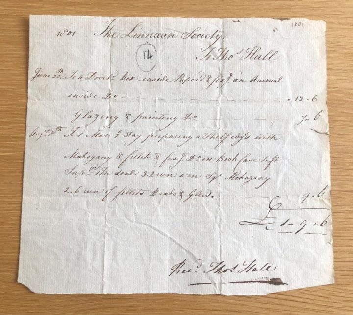 Handwritten receipt from 1801 for bookcases