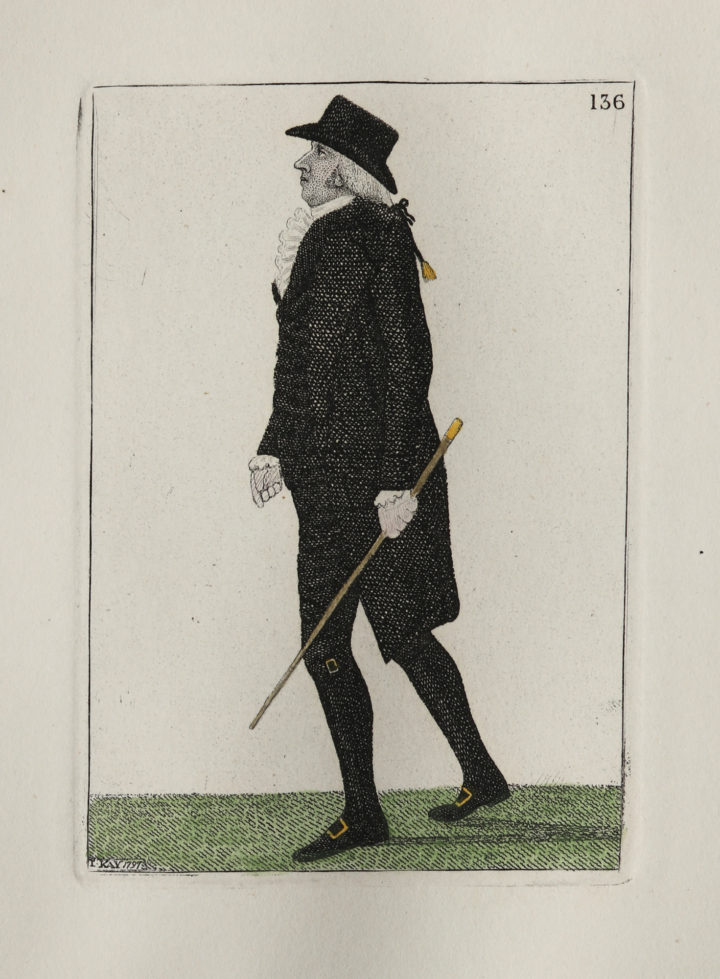 An etching depicting James Gregory, dressed in dark clothes and walking with a cane.
