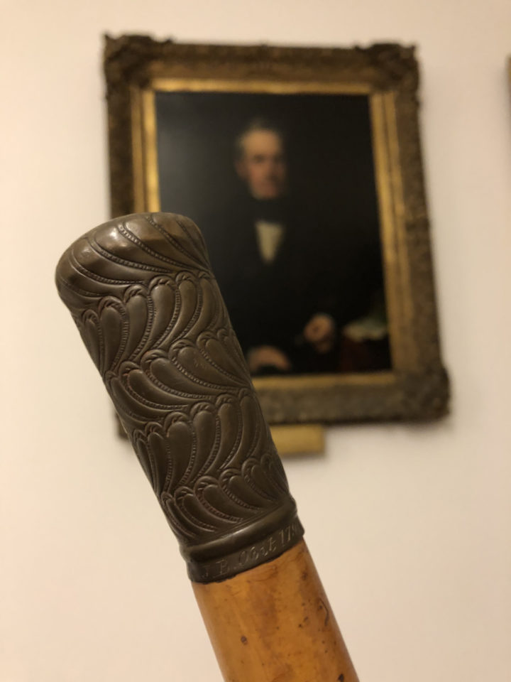 A close up image of the cane in front of a portrait of the Scottish Botanist, Henry William Pickersgill RA (1782-1875).