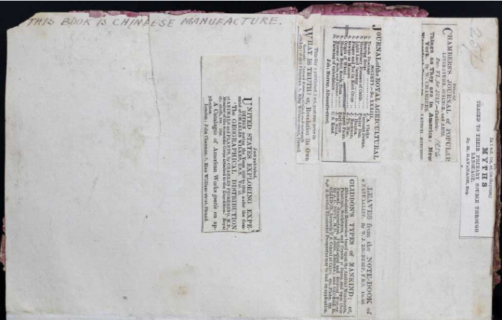 Inscription written inside notebook which reads “This Book is Chineese Manufacture”