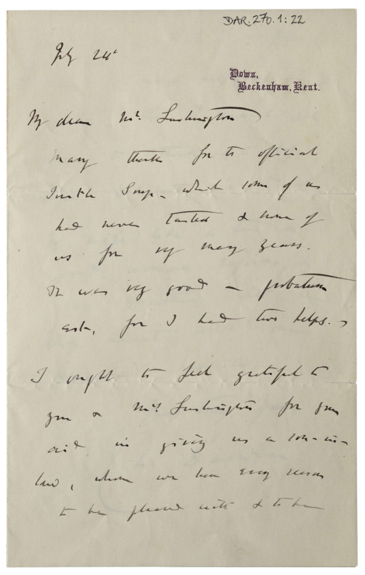 Letter from Charles Darwin to Vernon Lushington (DWC/1/22/1)