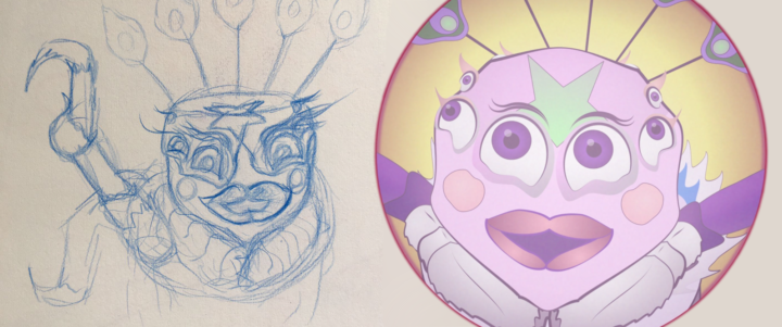 A sketch of Petunia alongside her final animated version