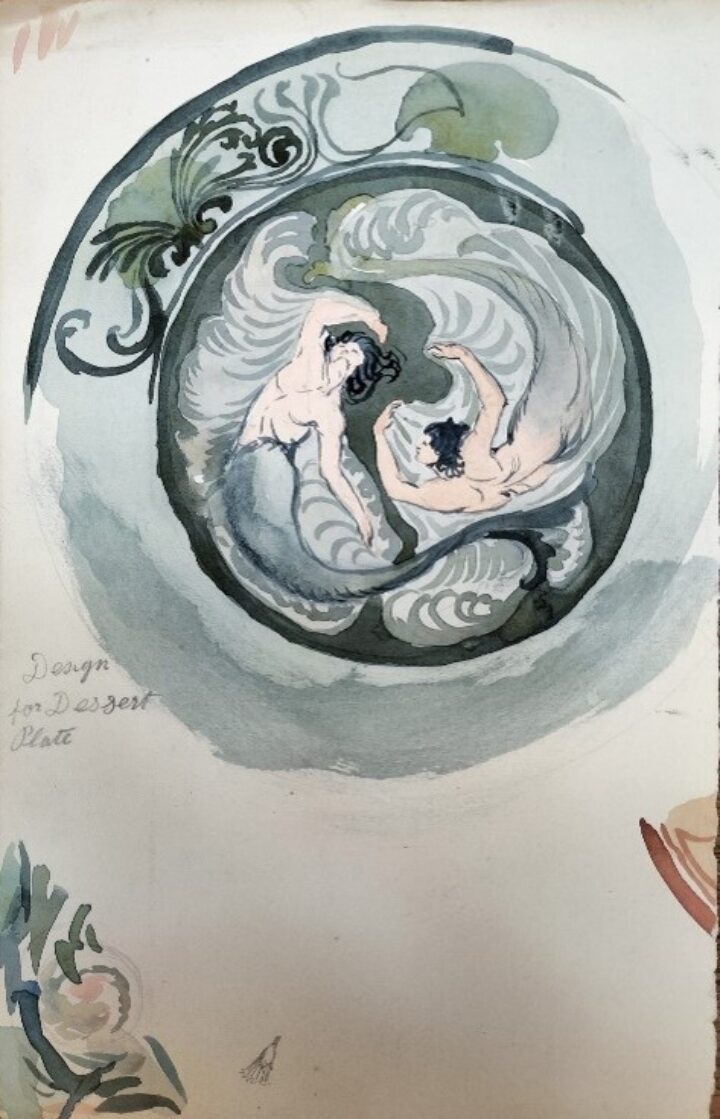 watercolour design for a dessert plate possibly by Daisy Delvalle Sawer