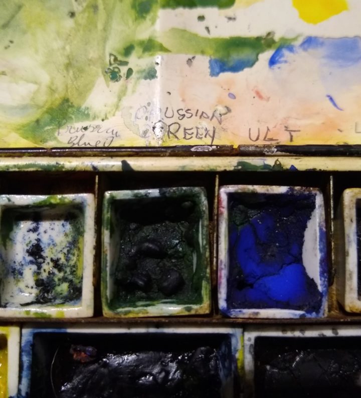 Close up of watercolour paint box: Blue