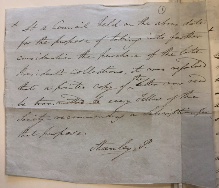 A note of a council meeting stating that the Council of The Linnean Society wish to send a letter to Linnean Fellows on buying the collections of their founder James Edward Smith