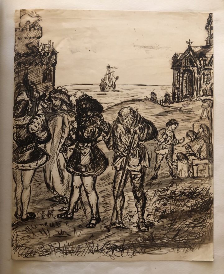 Ink drawing. In the background, centered is a sailing ship, floating on the sea, mid foreground is a castle to the left and to the right a church, outside the churche there is a man giving alms to three poor men. In the foreground an old man in rags draws aside one of three men in rich clothing.