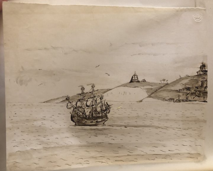 Ink drawing of a large sailing ship on gentle tides, sailing away from shore. On the shoreline cliffs to the right we can see a lighthouse pyre, lighthouse keepers home and a small church.