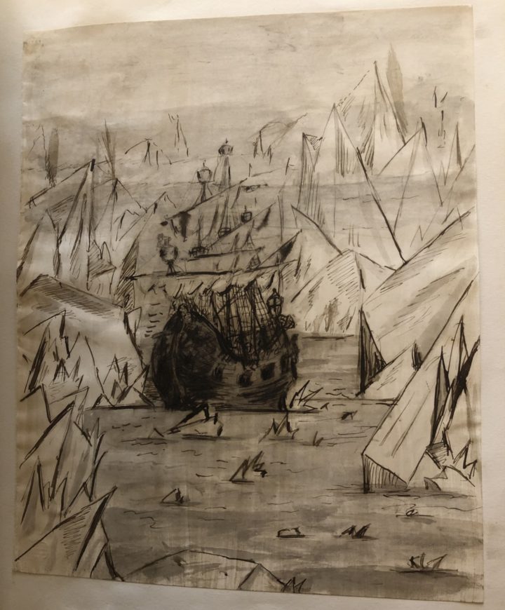 An ink drawing of a large wooden sailing ship with square sails raised, it is surrounded by sharp ice, trapped.