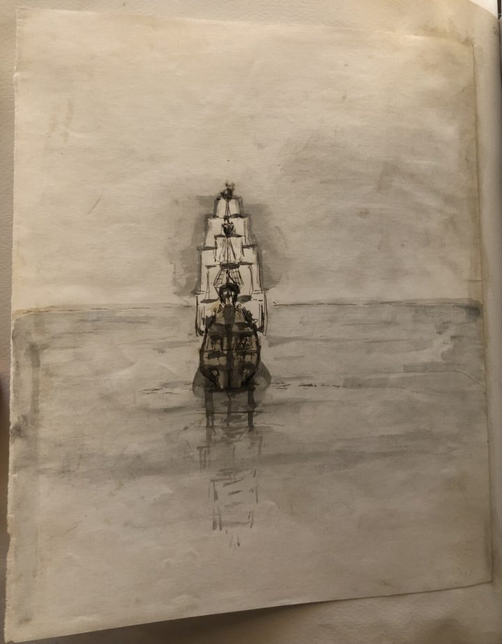 An ink drawing of a large sailing ship on a murkey sea with the square sails hanging lifeless. The ship is slightly reflected in the still water below.