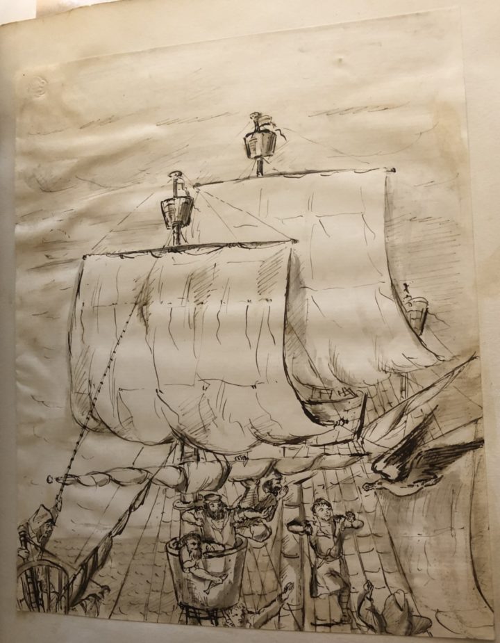 Ink drawing of the rigging of a ship, the sailors hang from ropes and mast and call to the albatross which flies in from the right, some offer it food like fish.
