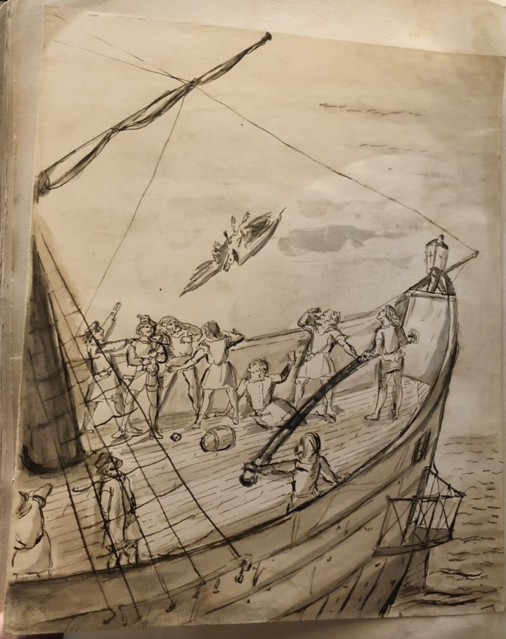 Ink drawing of the ships deck, men look up to the sky where an albatross is tumbling from the sky with an arrow to its heart. The Mariner stands carelessly with a crossbow in his hands.