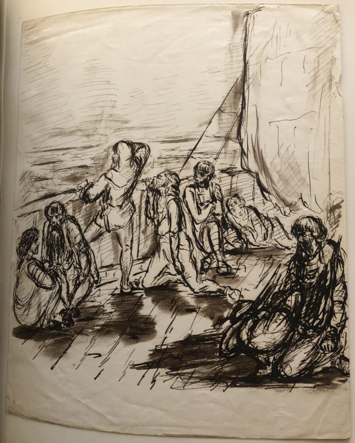 Ink drawing of the deck of a ship. The sailors lie about in desperate need of water and baking in the sun, two look out to sea in hopes of salvation. In the bottom right corner of the drawing, the mariner sits on the deck with the albatross laid across his lap, tied to a rope around his neck