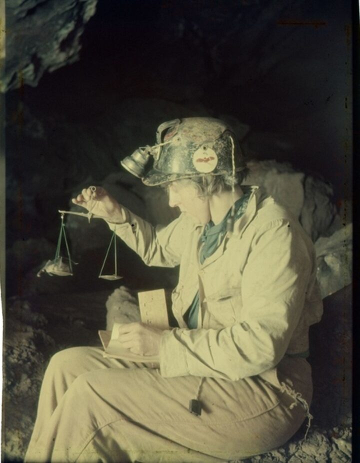 John Hooper is seen sat in a cave holding a small set of apothecary scales, where a small horseshoe bat can be seen perched in one of the pans.