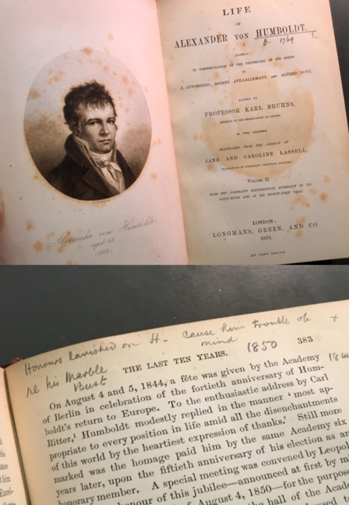 Alfred Russel Wallace's copy of "The Life of Alexander Humboldt" (1873): its pages dense with marginal annotations