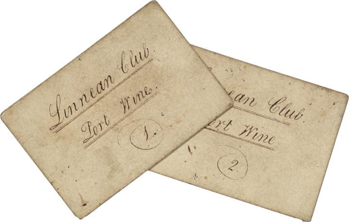 Two rectangular cream-coloured cards with 'Linnean Club Port Wine' written in black ink