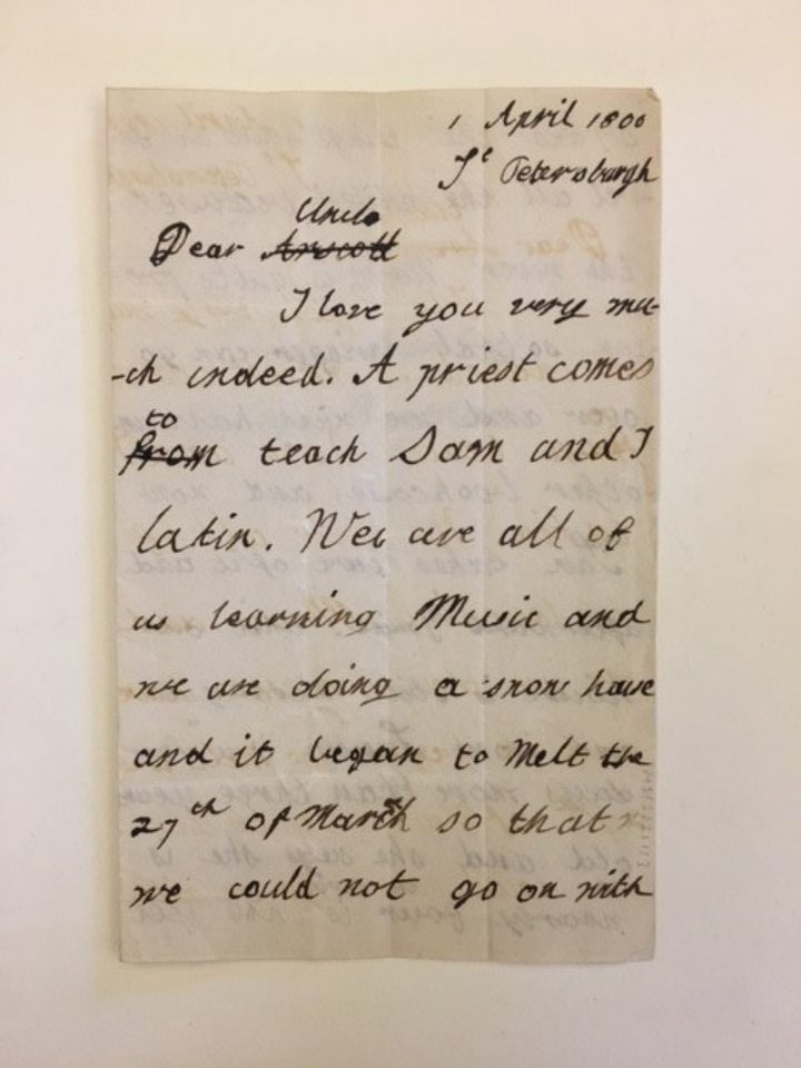A letter from George Bentham to his uncle, Jeremy Bentham (page 1) (MS/322/1/3, The Linnean Society of London). A partial transcription of this letter can be seen below.
