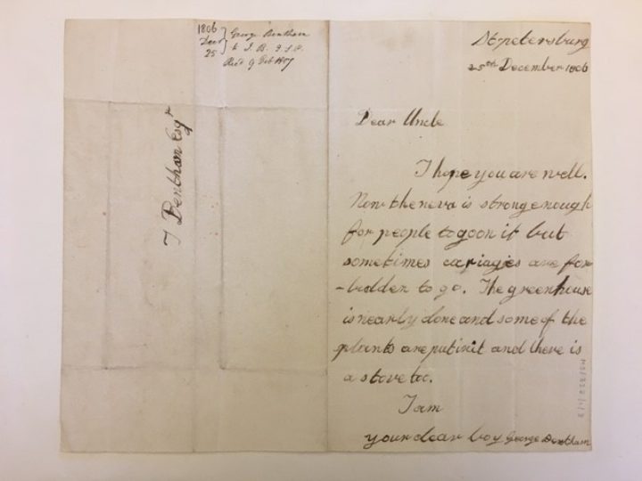 A letter from George Bentham to his uncle, Jeremy Bentham (MS/322/1/8, The Linnean Society of London). A transcription of this letter can be seen below.