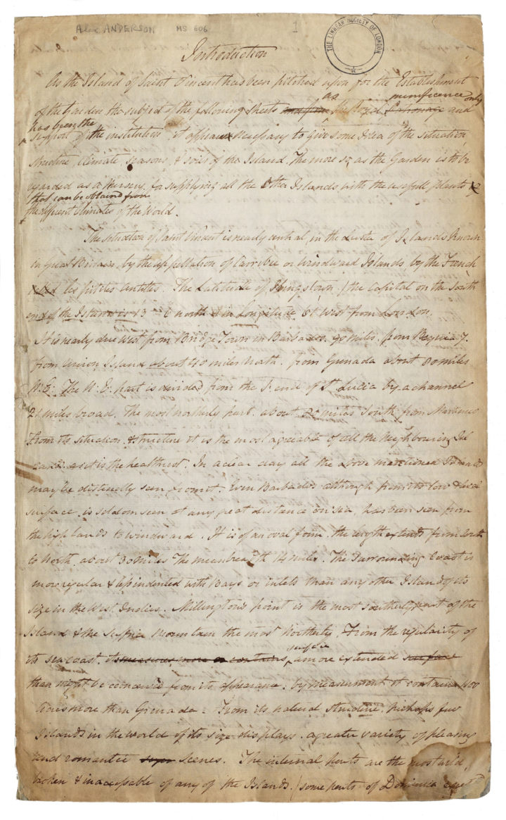 MS/606: "Introduction". An account of the Island of St Vincent, the site of the Botanic Garden
