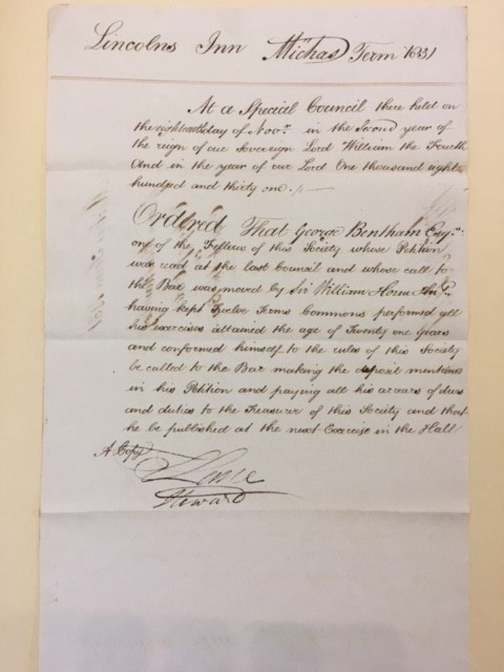 A notice from Lincoln's Inn calling George Bentham to the Bar. (MS/666, The Linnean Society of London)