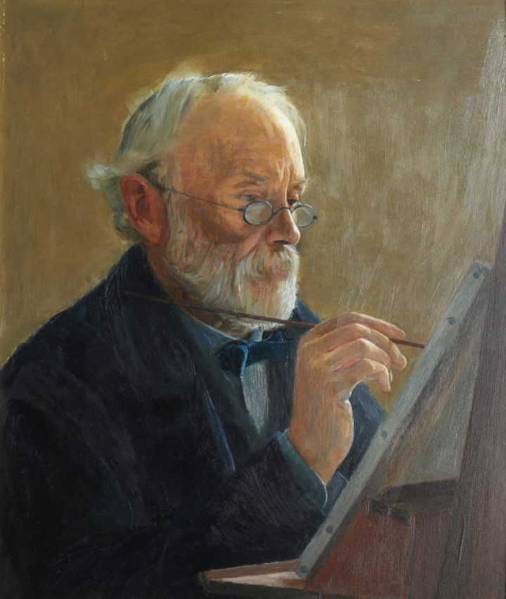 Painting of Daniel Oliver, an older white man seated at a desk and drawing or painting