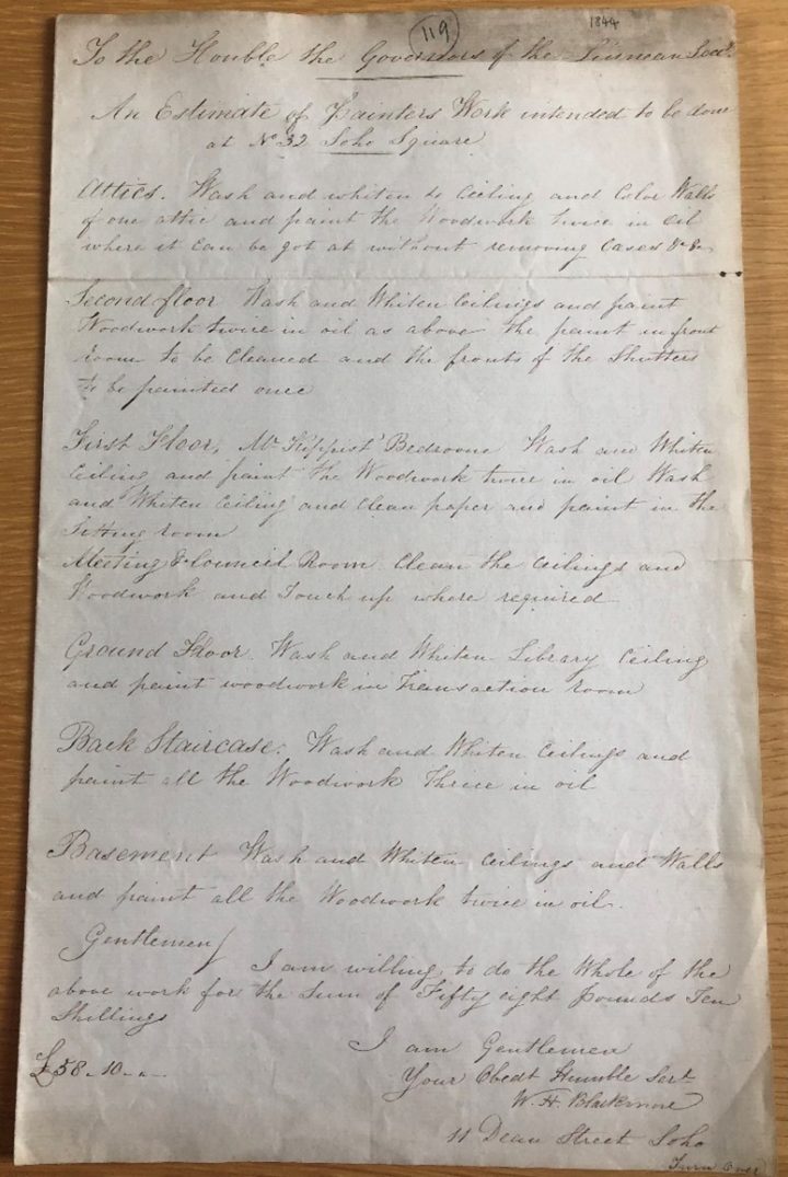 Handwritten receipt for painting and decorating Linnean Society rooms