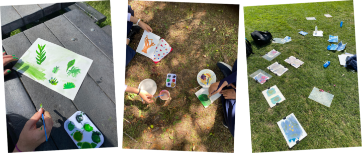 Three photos side by side taken outside. The first photo is of a young person painting pictures of leaves, the second is a pair of students sat on grass painting with paper and palettes, the third image is pieces of paper laid out on a field with leaves on them, being used to create cyanotypes.
