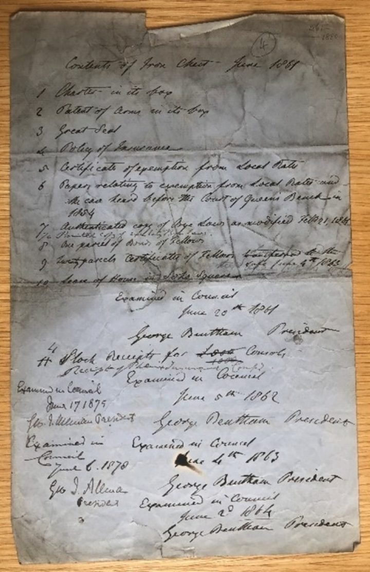 Handwritten list of chest contents including notes over the years from checking off items