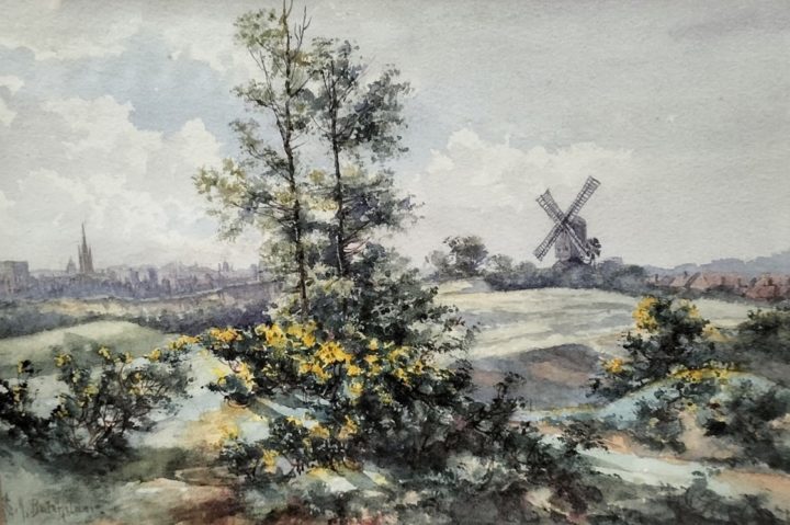 a colour drawing of heathland with gorse in the foreground, a windmill to the back right and a small town to the back left