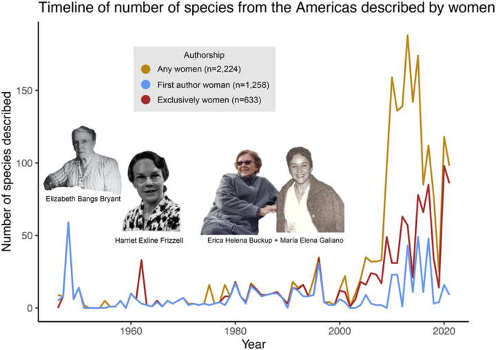 A line graph showing the number of species described by women from 1940 - 2020. Images of famous women in taxonomy are overlaid on the graph.