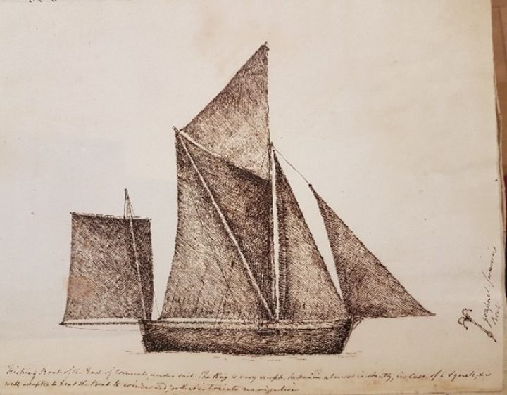 Ink drawking of a wooden fishing boat with sails on the water