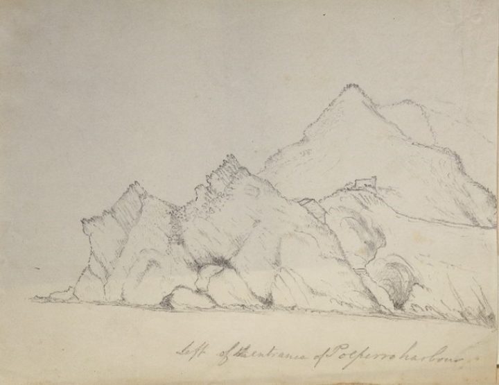 Pencil drawing of rocks and cliffs at Polperro harbour by Jonathan Couch