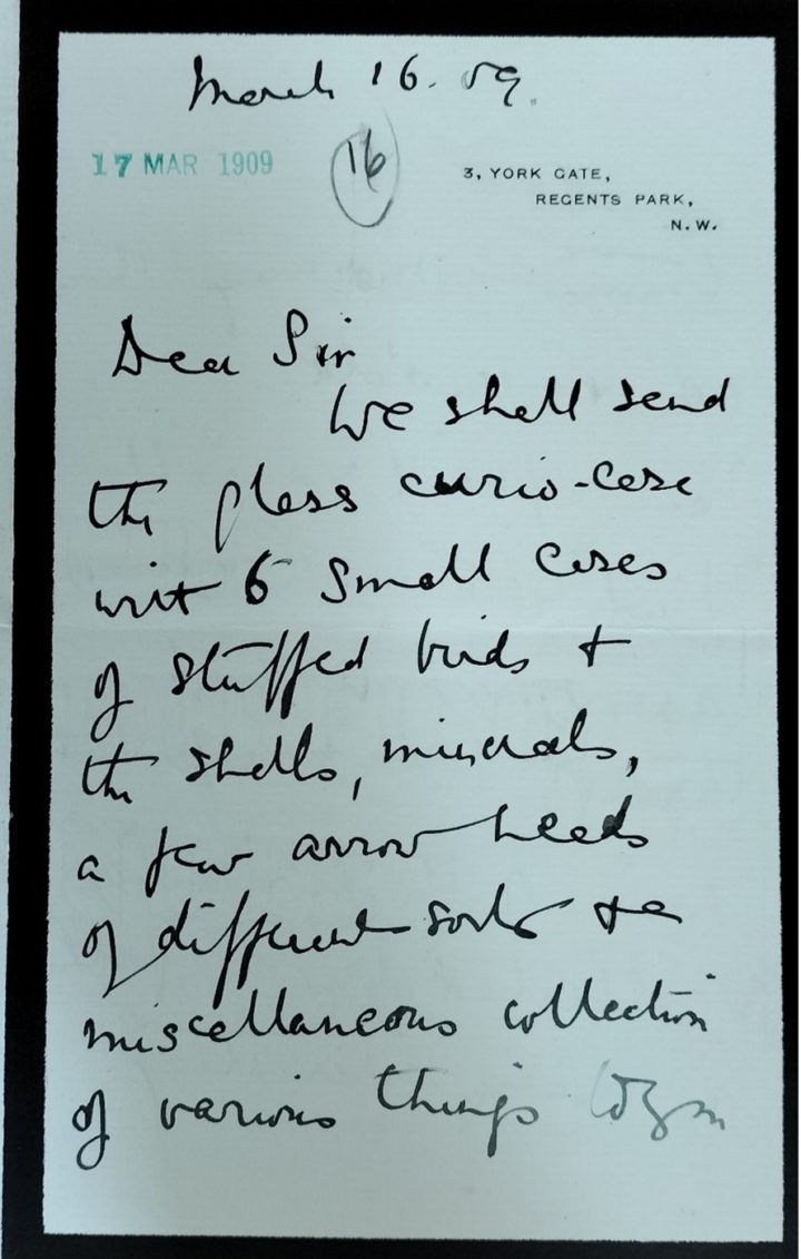 Handwritten letter detailing the delivery of the "glass curios-case" to the Linnean Society