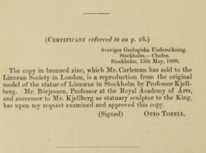 Extract from the Proceedings of the Linnean Society explaining the gift of the statue of Linnaeus