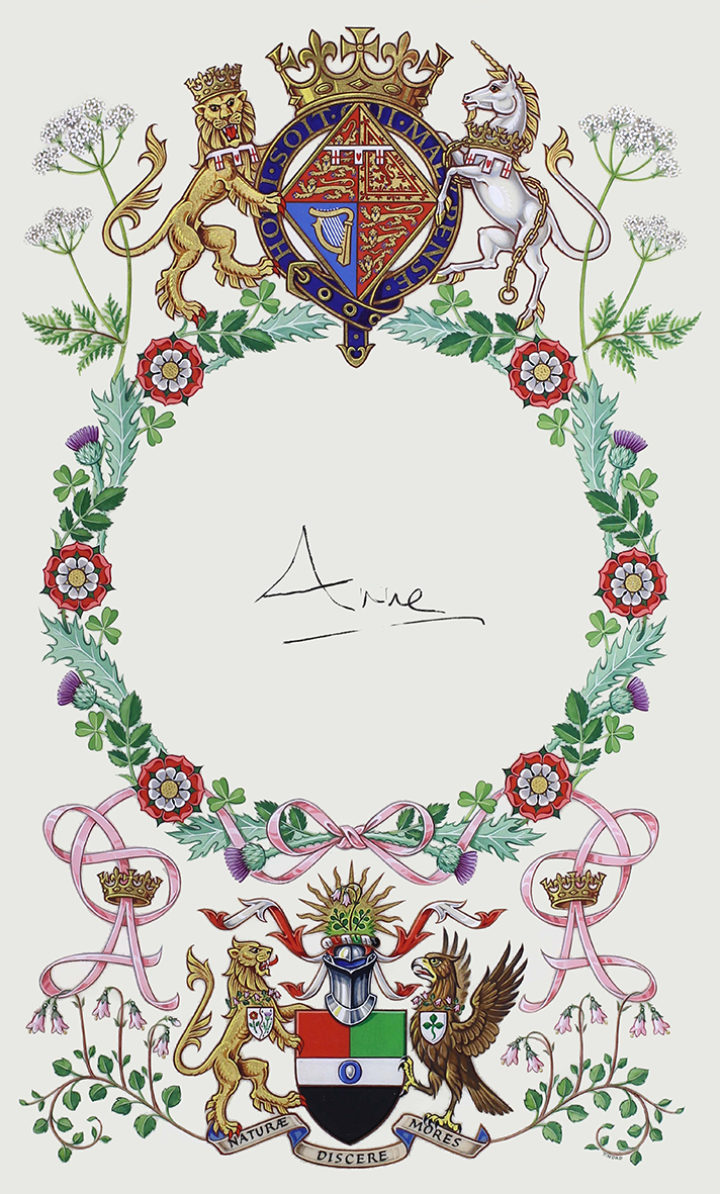 Illuminated page in the Society's Roll and Charter signed by HRH The Princess Royal